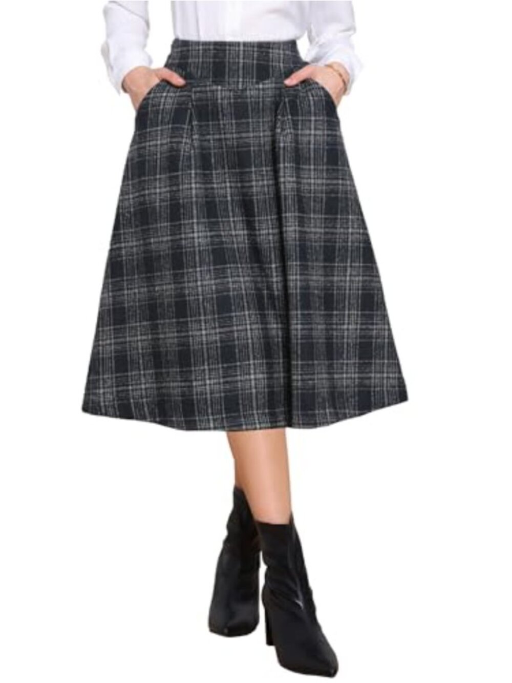 Plaid High Waist A-Line Midi Skirt with Pockets
